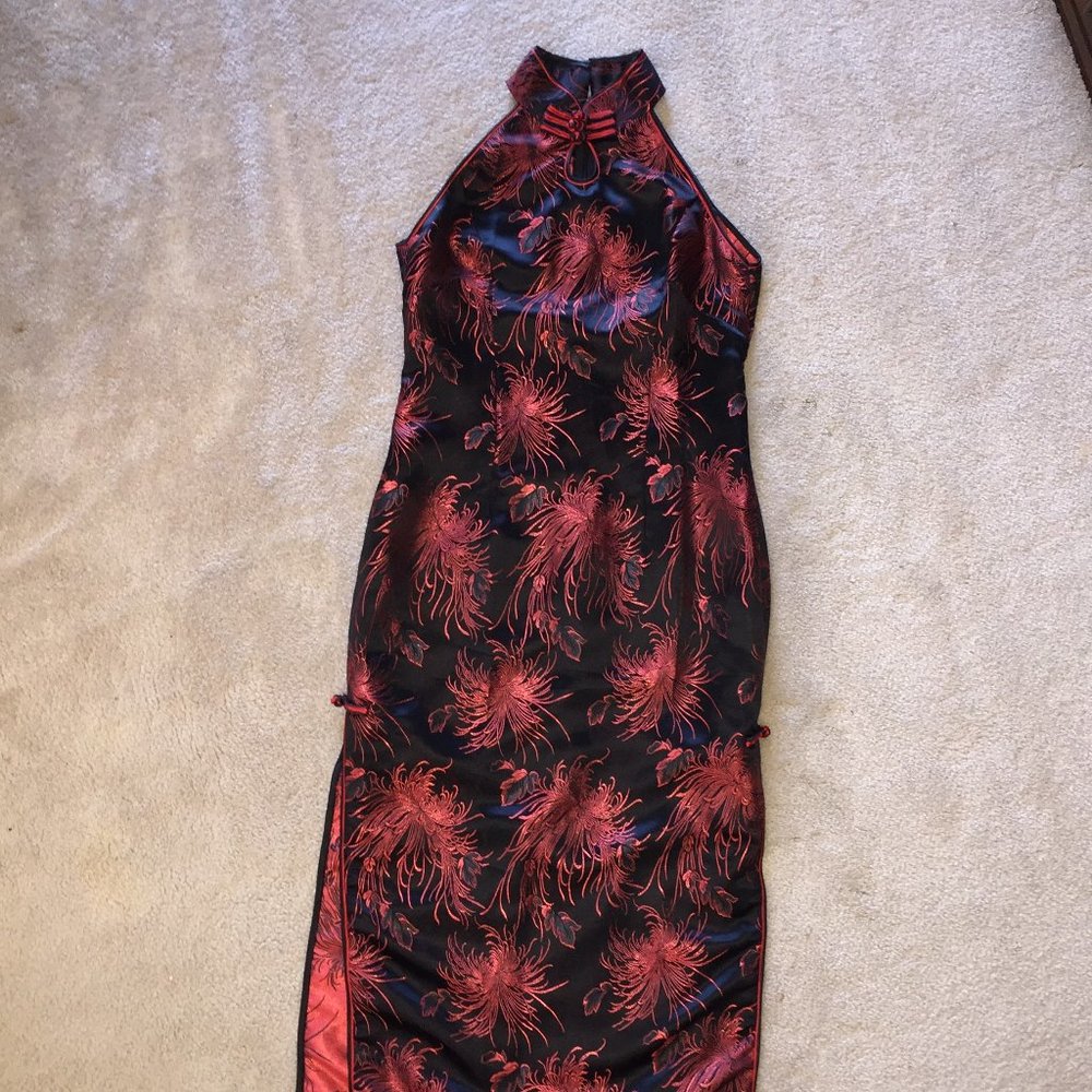 Vintage Oriental Red Brocade Dress~Vietnam~Size S
